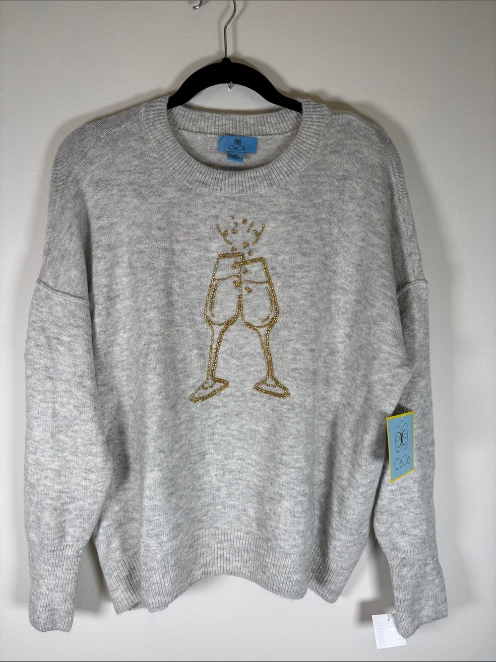 CeCe Champagne Glass Beaded Crewneck Sweater Gray Gold Size M NWT